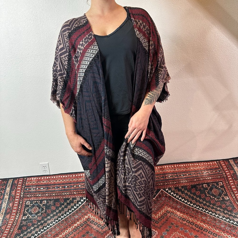 Free People Maroon Purple Long Kimono Shawl Fringe One Size Boho Swim Cover